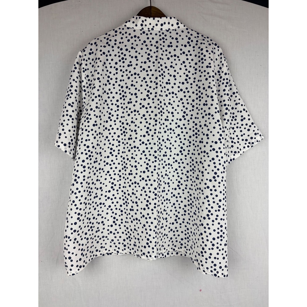 Polka Dot Button Down Short Sleeve Camp Collar Shirt White Navy Blue Blouse - Picture 9 of 13
